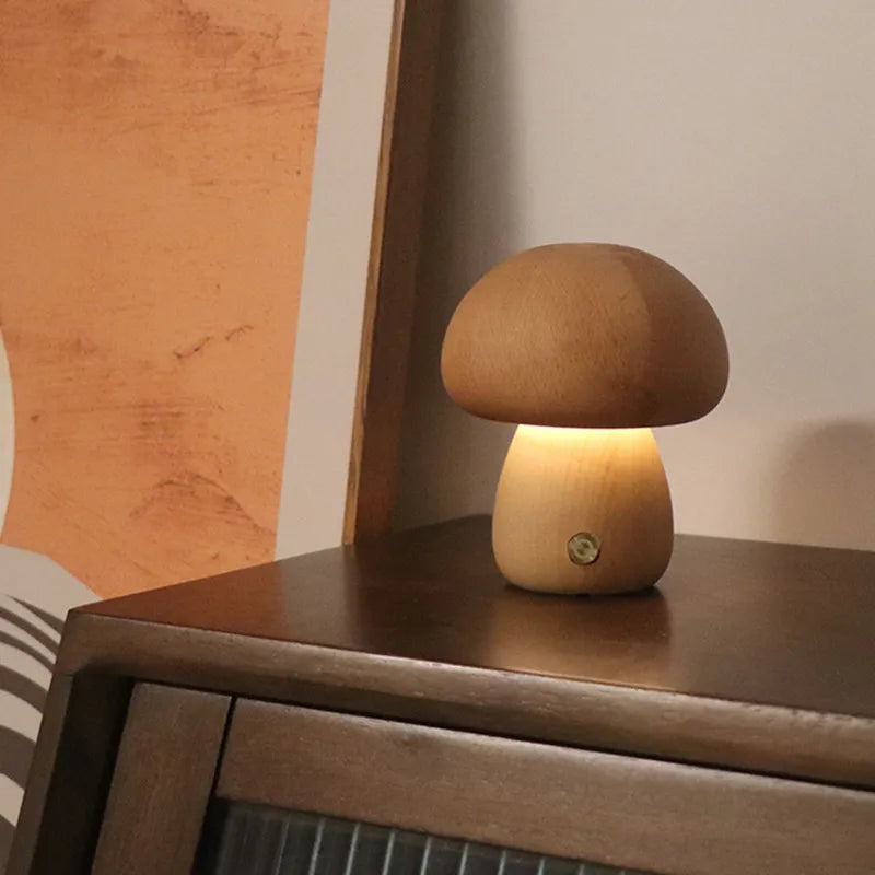 Cute Wooden Mushroom Lamp for Moody Atmosphere Vibes