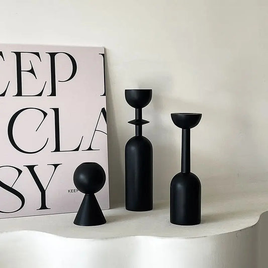Barb's Black Wooden Candle Holders - Elegant and Modern Decor